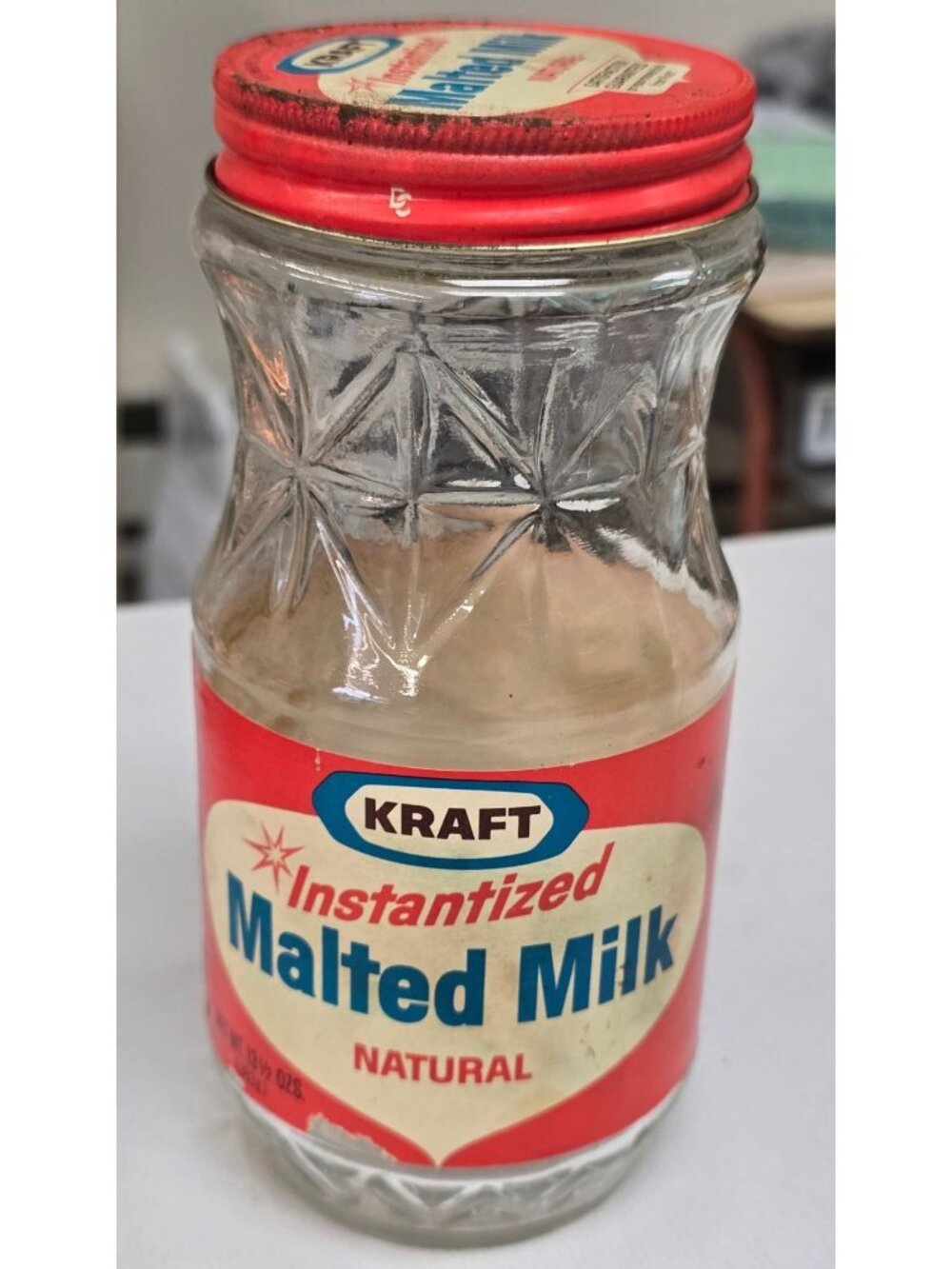 Vintage Kraft Instantized Malted Milk Jar Red Lid 13 1/2 Oz Glass Kitchen Decor